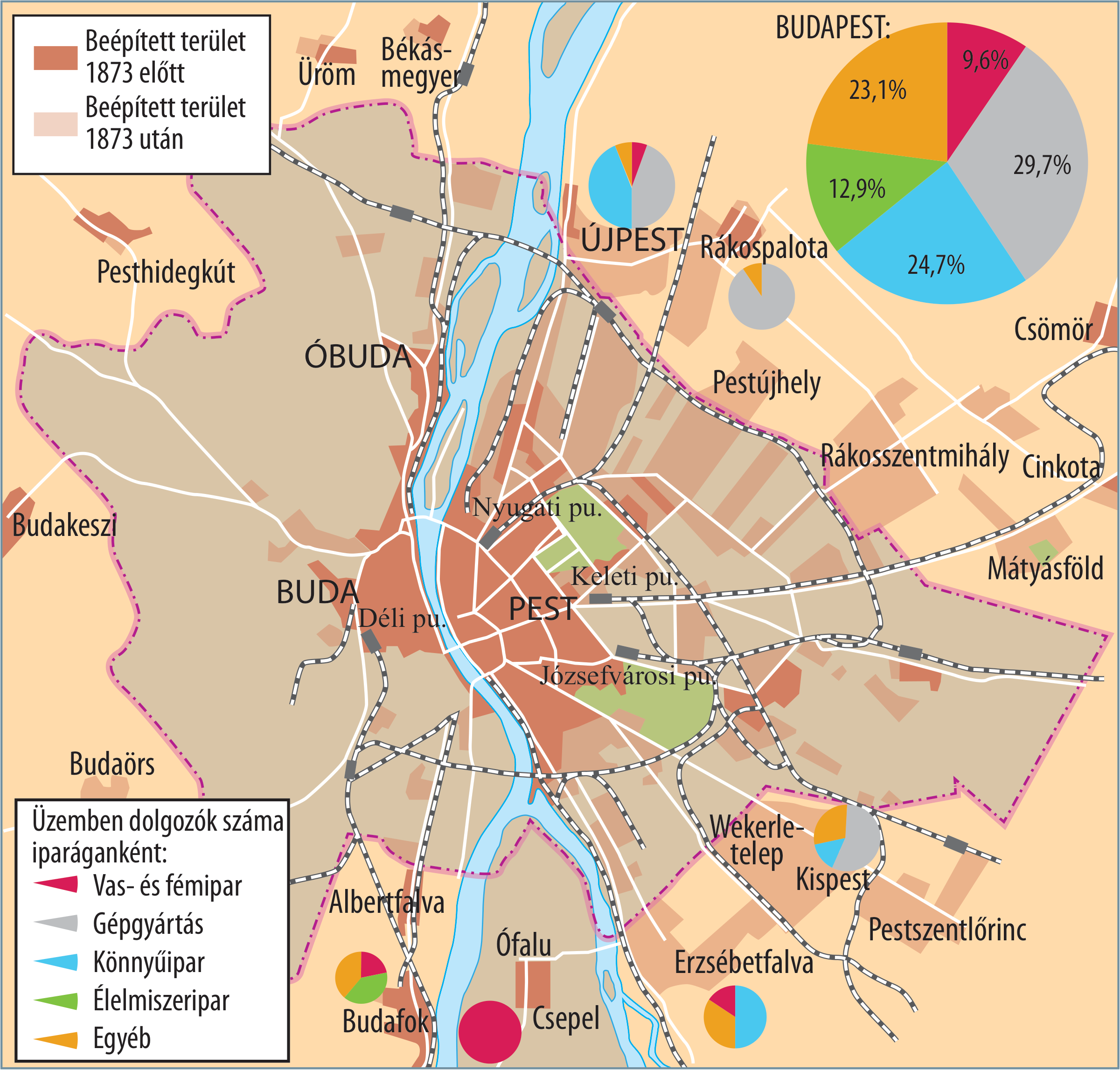 Budapest és környékének valódi tankönyvi térképe a Duna alakjával, Buda, Pest és Óbuda, a vasúti csomópontok, az 1873 előtti és utáni beépített területek, valamint az ipari foglalkoztatás ágazati megoszlásával. Mindkét jelmagyarázat teljes egészében látszik.